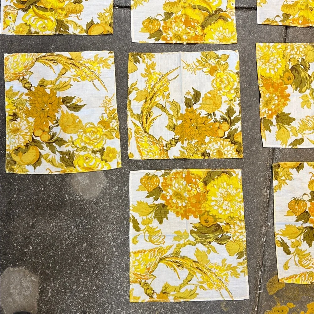 Vintage set of 10 asst size’s floral gold / yellow napkins handmade zig zag hems